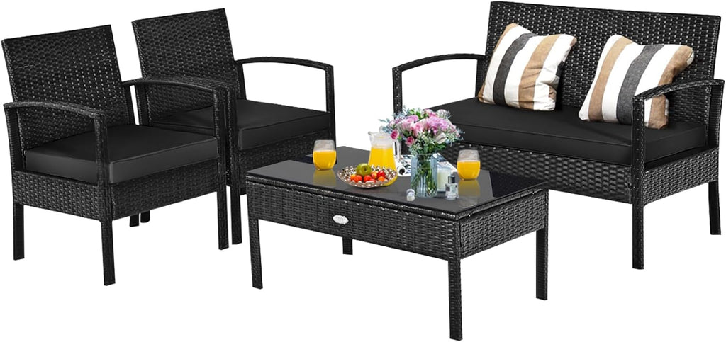 HAPPYGRILL 4-Piece Patio Conversation Set Outdoor Rattan Wicker Sofa & Coffee Table Furniture Set for Patio Garden Poolside