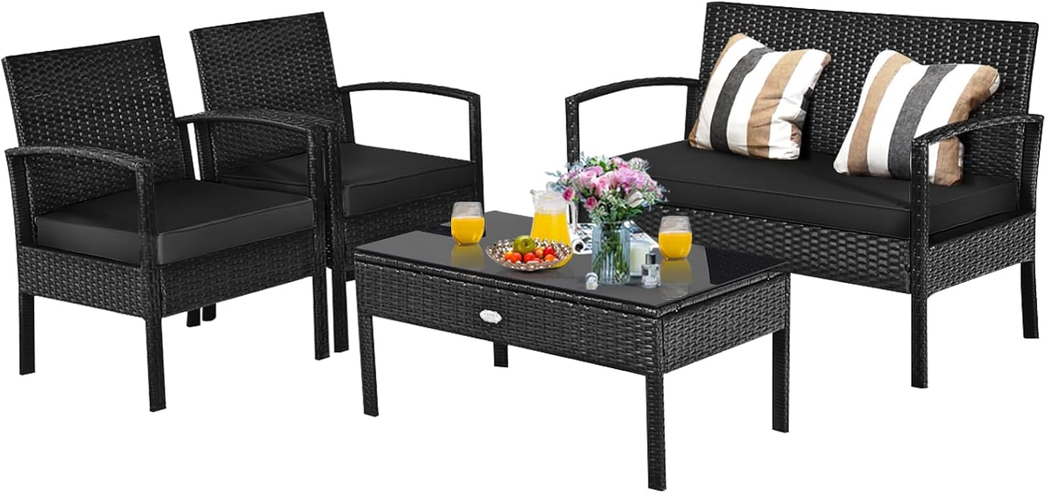 HAPPYGRILL 4-Piece Patio Conversation Set Outdoor Rattan Wicker Sofa & Coffee Table Furniture Set for Patio Garden Poolside