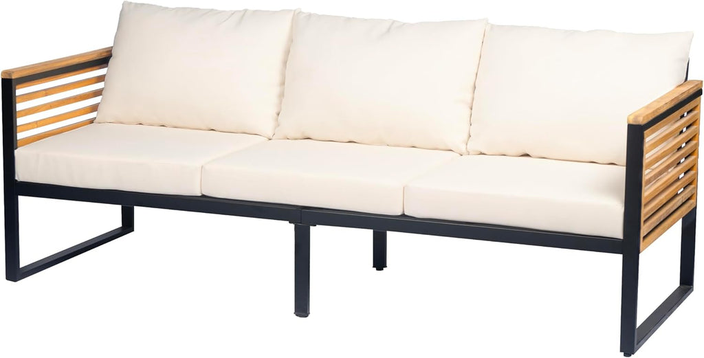 Christopher Knight Home Alvin 3-Piece Acacia Wood Metal Patio Furniture Set, Outdoor Sectional Conversation Sofa Chat Set with Coffee Table and Ottoman for Backyard or Balcony, Teak+Beige+Black
