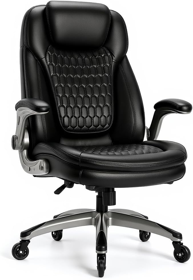 COLAMY Executive Office Chair, Bonded Leather Desk Chair with Flip-Up Arms, Lumbar Support, Ergonomic Tilt & Tension Control for Home Office