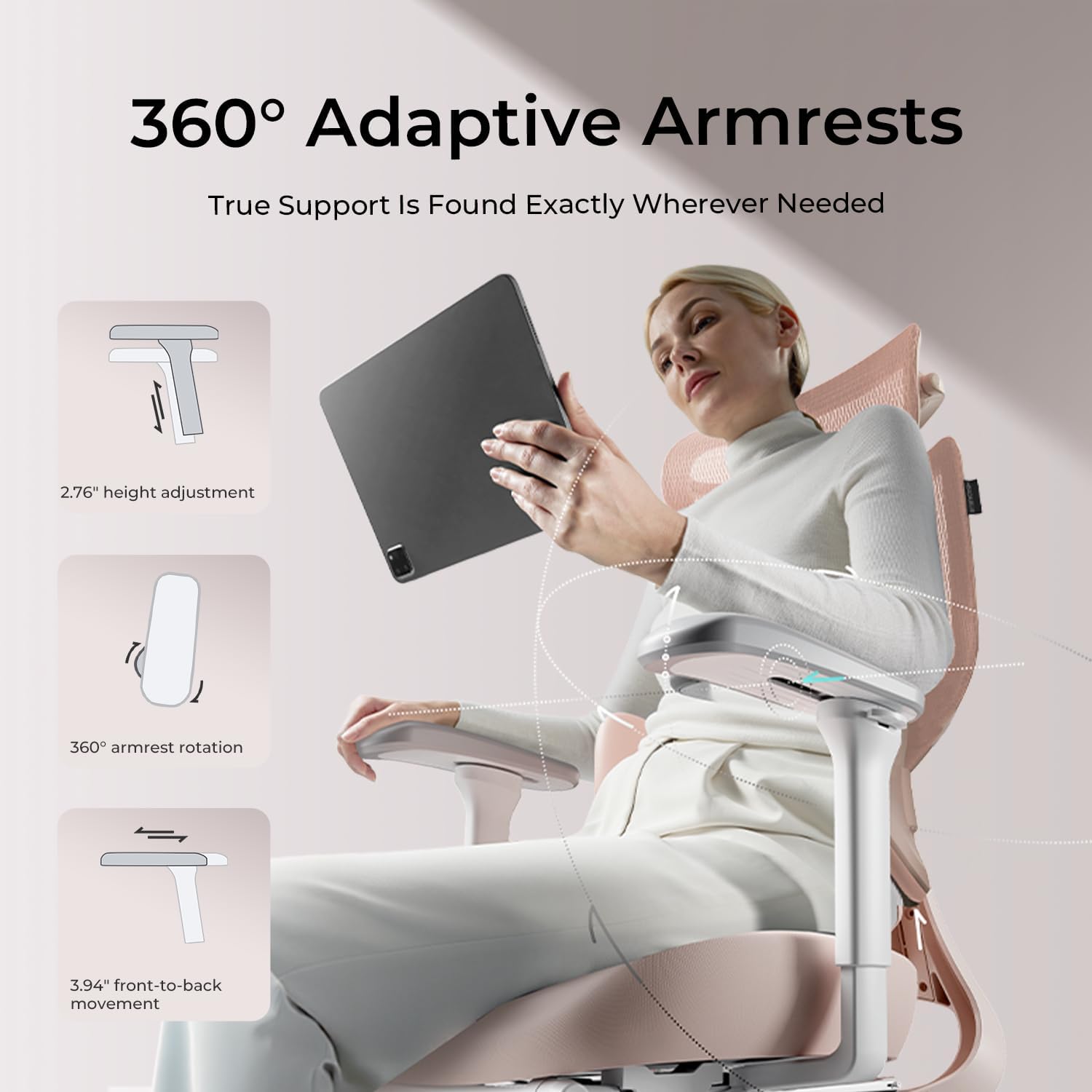 Hbada E3 Air Ergonomic Office Chair, Big and Tall Office Chair - with 3-Zone Dynamic Lumbar Support, 3D Adjustable Headrest, 4D Adjustable Armrests, Swivel, Pink(with Footrest)