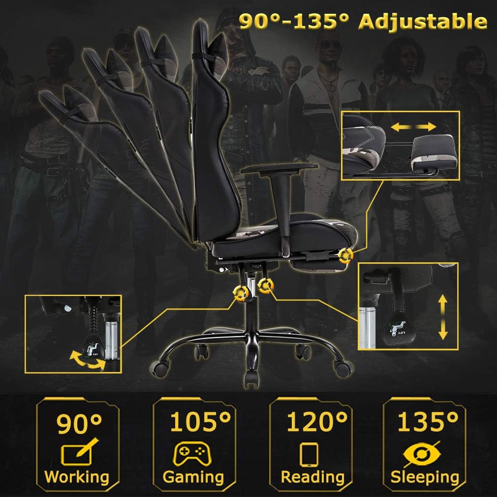 Gaming Chair Racing Office Chair Ergonomic Desk Chair Massage PU Leather Recliner PC Computer Chair with Lumbar Support Headrest Armrest Footrest Rolling Swivel Task Chair for Women Adults, Camo