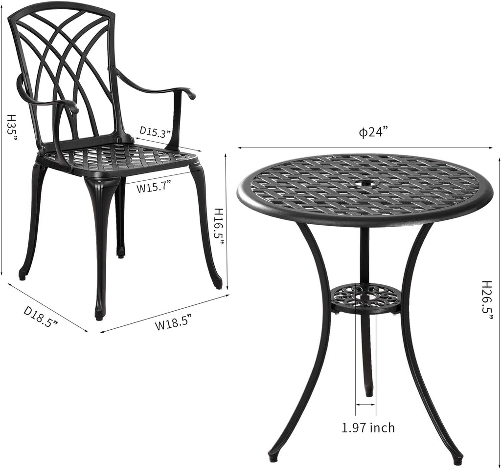 Bistro Set 3 Piece Outdoor,Cast Aluminum Outdoor Bistro Set,All Weather Bistro Table and Chairs Set of 2 with 1.97' Umbrella Hole,Patio Bistro Sets for Garden(Woven Black)