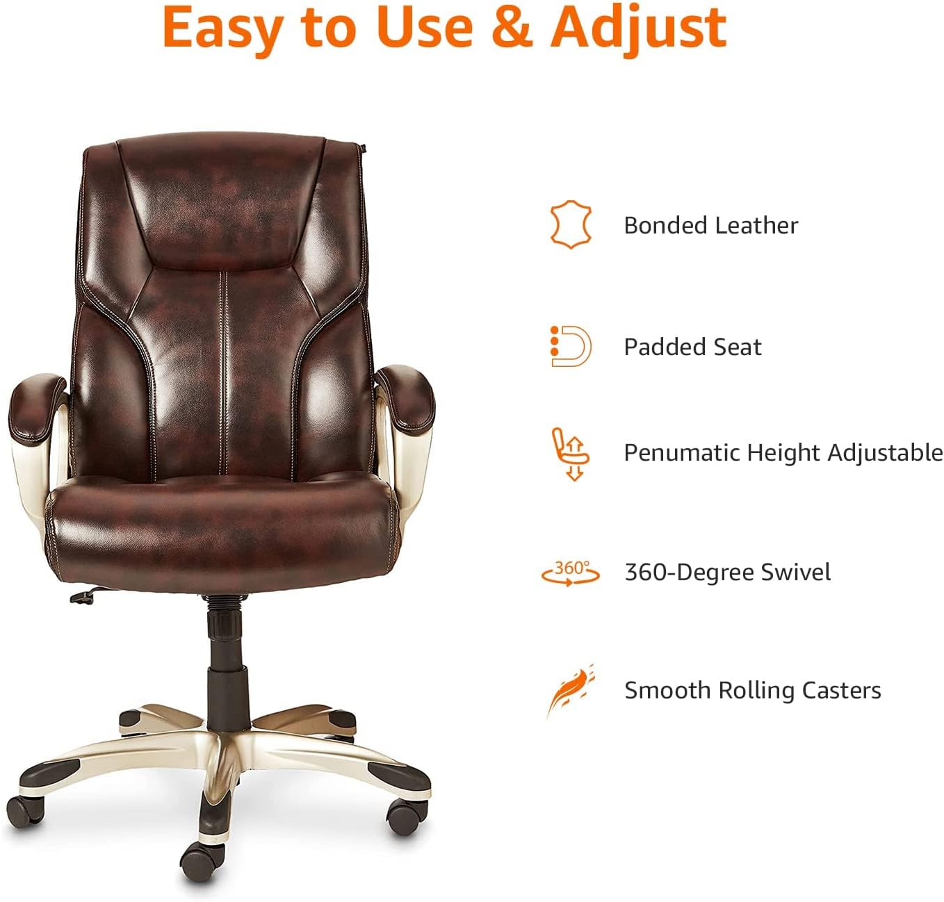 Amazon Basics Executive High Back Office Chair, Adjustable Height, Tilt, Swivel, Padded Armrests, Brown/Gold