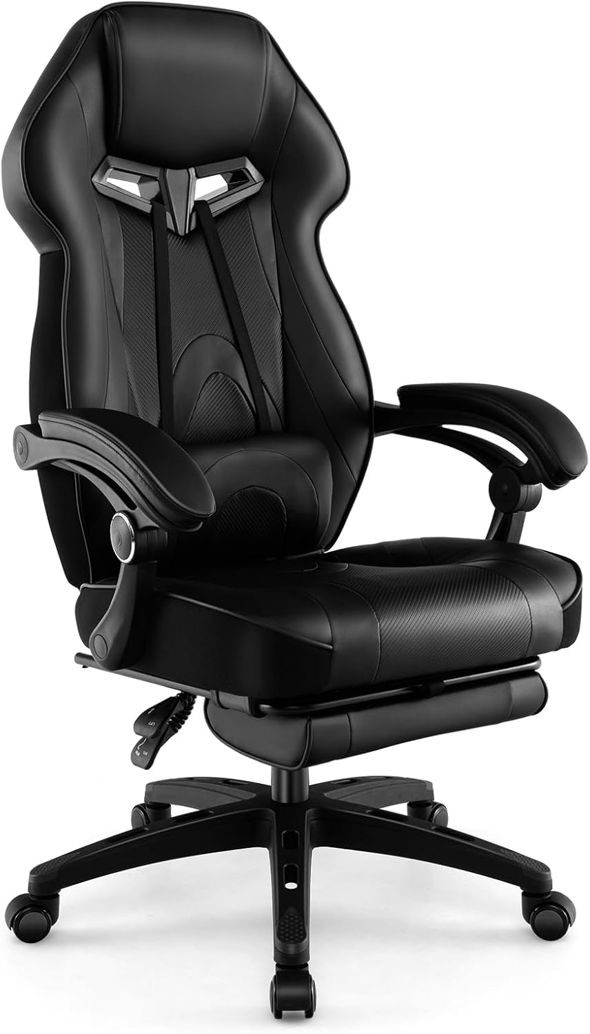 COSTWAY Gaming Chair, Ergonomic Adjustable Racing Video Game Chair w/Retractable Footrest, Padded Headrest & Lumbar Support, High Back Reclining Home Office Computer Gamer Chair for Adults (Black)