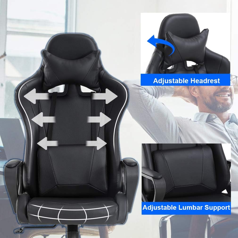 BestOffice Gaming Chair Office Chair Desk Chair Swivel Rolling High Back PU Leather Executive PC Adjustable Massage Racing Computer Chair with Lumbar Support Headrest Armrest Task Chair(Black)