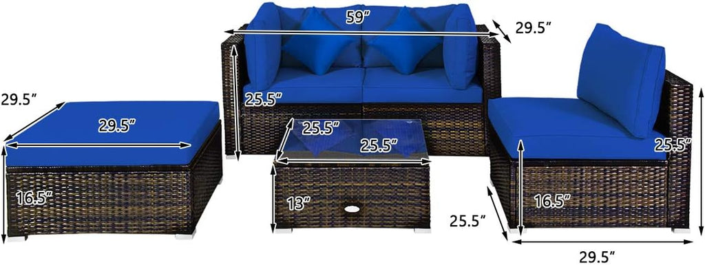 COSTWAY 5-Piece Outdoor Patio Furniture Set, Glass Top Coffee Table and Lounge Sofa with Cushions, PE Rattan Conversation Set for Garden, Deck, Backyard (Navy)