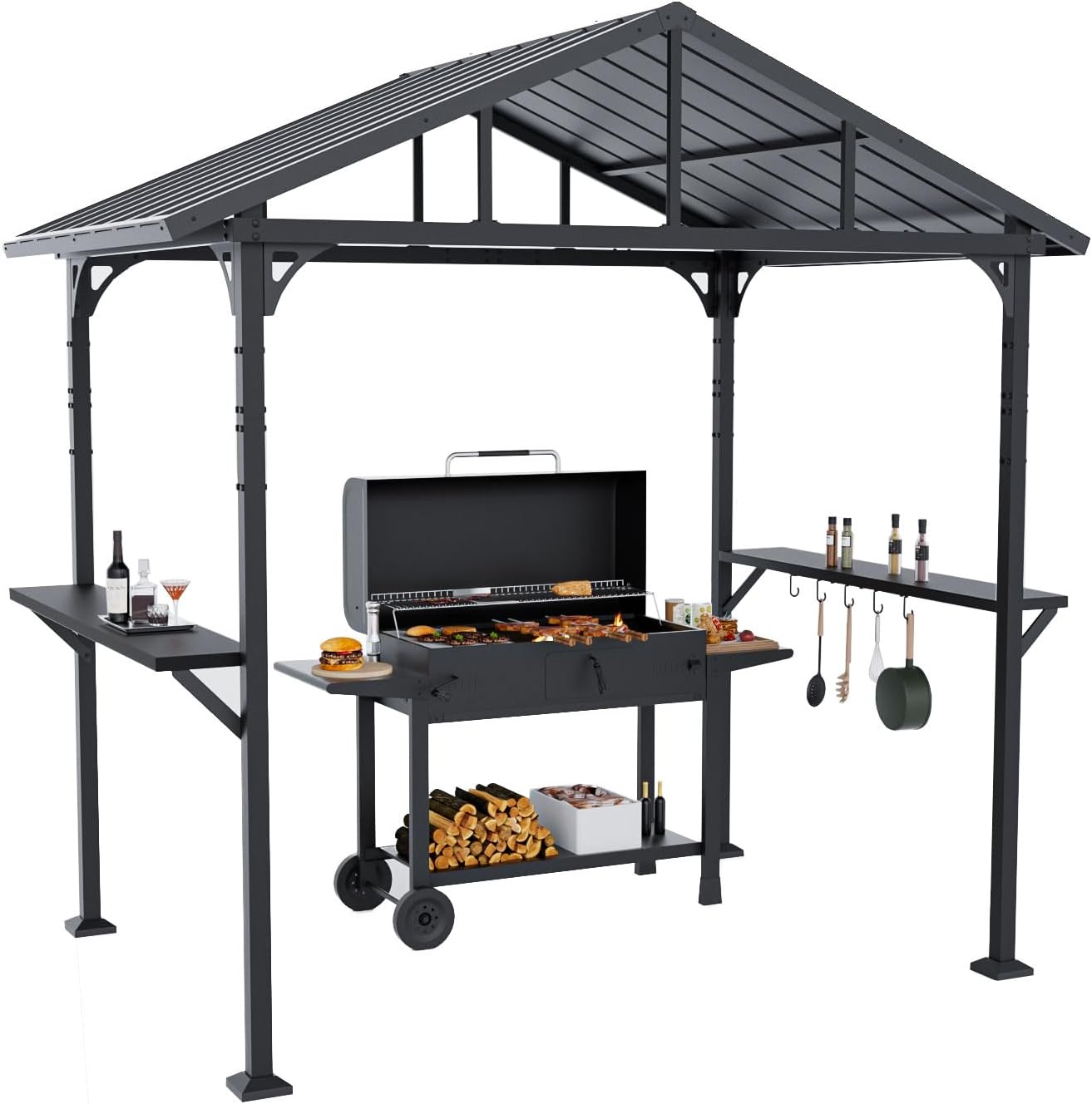 Gotland 8' x 5' Grill Gazebo, Outdoor Metal BBQ Gazebo with Triangular Structure Roof & Drainage Holes, Grill Canopy with 2 Side Shelves, for Deck Lawn Backyard
