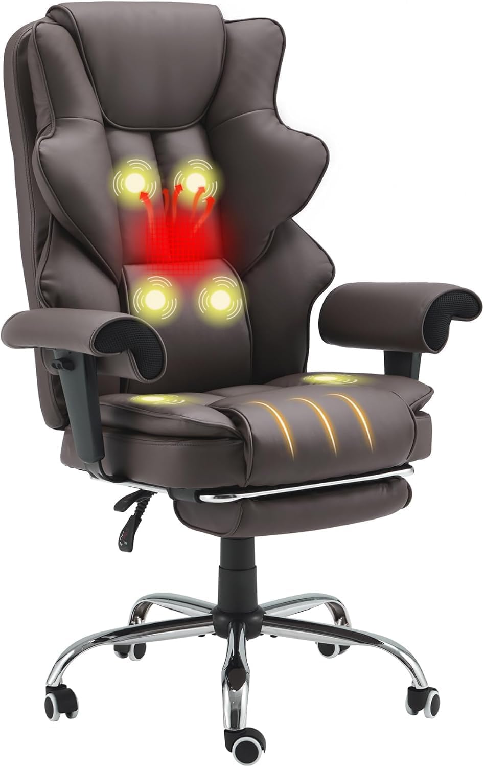 HOMREST 6-Point Massage Executive Chair,Heat Office Chair,Ergonomic Home Office Desk Chairs with Retractable Footrest and Reclining Function,Leather Computer Chair with Adjustable Armrest(‌Brown)