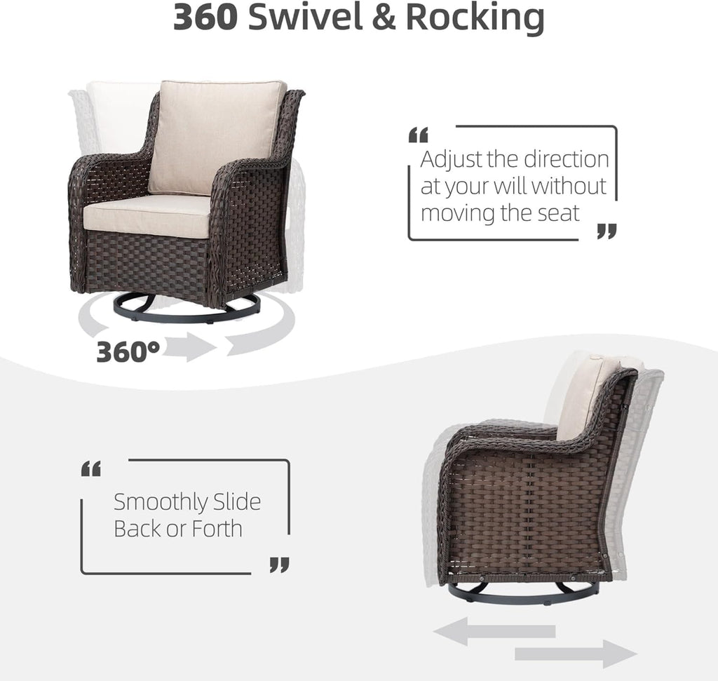 GarveeHome 3-Piece Outdoor Wicker Rattan Swivel Rocking Chair Set with Armored Glass Side Table & Premium Cushions - 360° Swivel Patio Furniture for Backyard, Porch, Deck, Balcony, Garden, Brown