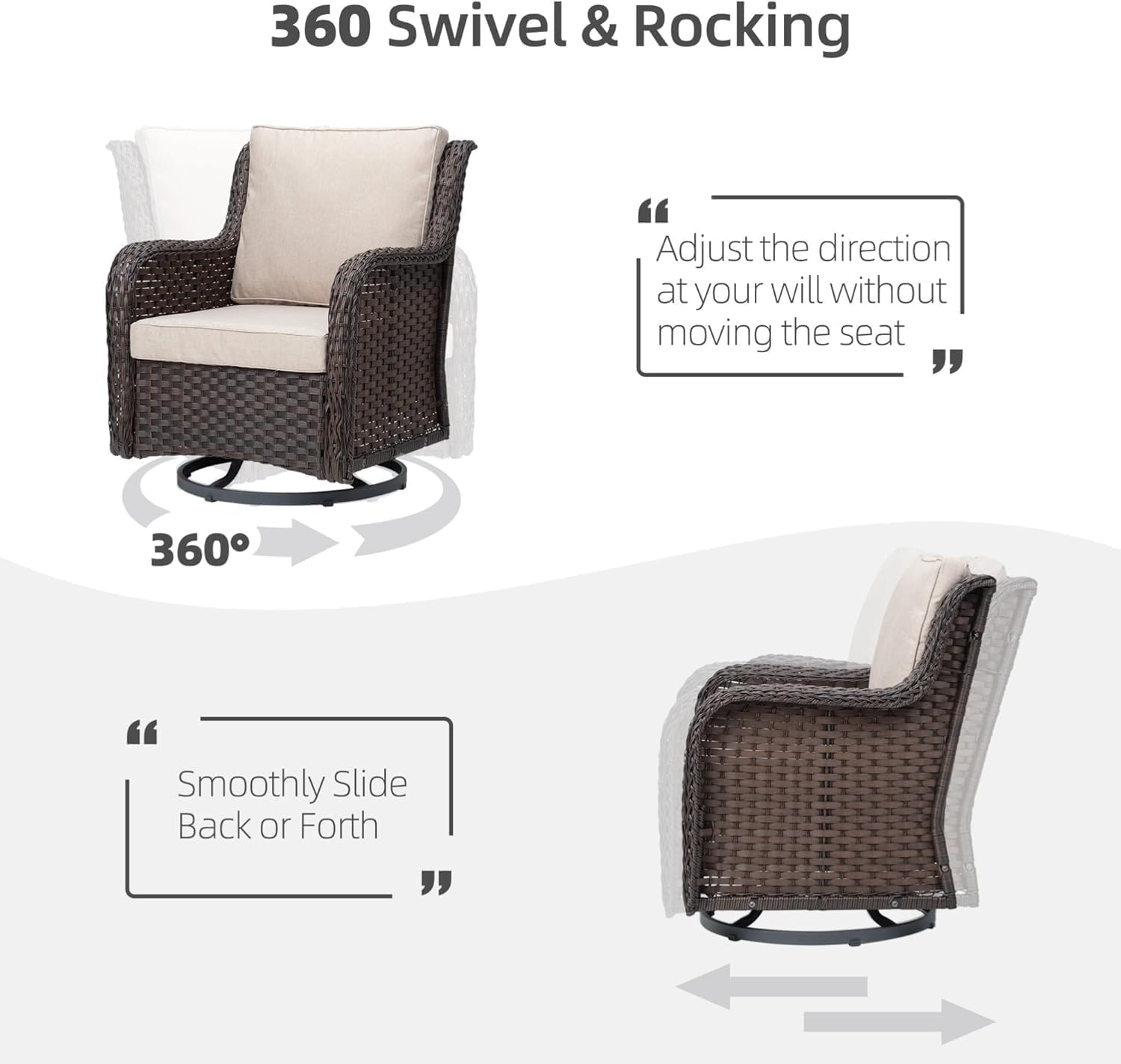 GarveeHome 3-Piece Outdoor Wicker Rattan Swivel Rocking Chair Set with Armored Glass Side Table & Premium Cushions - 360° Swivel Patio Furniture for Backyard, Porch, Deck, Balcony, Garden, Brown