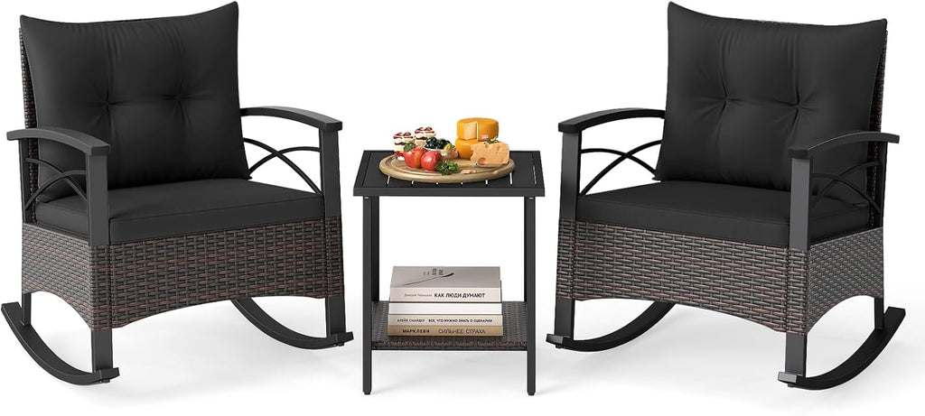 Tangkula 3 Piece Rattan Rocking Chair Set, Patio Rocker Bistro Set with Acacia Wood Tabletop & Armrests, 2 Outdoor Cushioned Armchairs w/Double-Tier Side Table for Porch, Balcony, Backyard