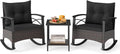 Tangkula 3 Piece Rattan Rocking Chair Set, Patio Rocker Bistro Set with Acacia Wood Tabletop & Armrests, 2 Outdoor Cushioned Armchairs w/Double-Tier Side Table for Porch, Balcony, Backyard