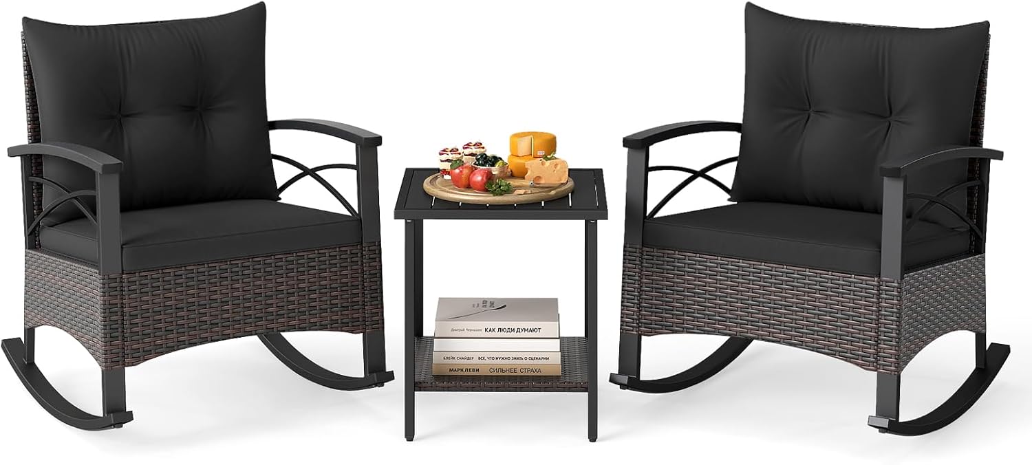 Tangkula 3 Piece Rattan Rocking Chair Set, Patio Rocker Bistro Set with Acacia Wood Tabletop & Armrests, 2 Outdoor Cushioned Armchairs w/Double-Tier Side Table for Porch, Balcony, Backyard