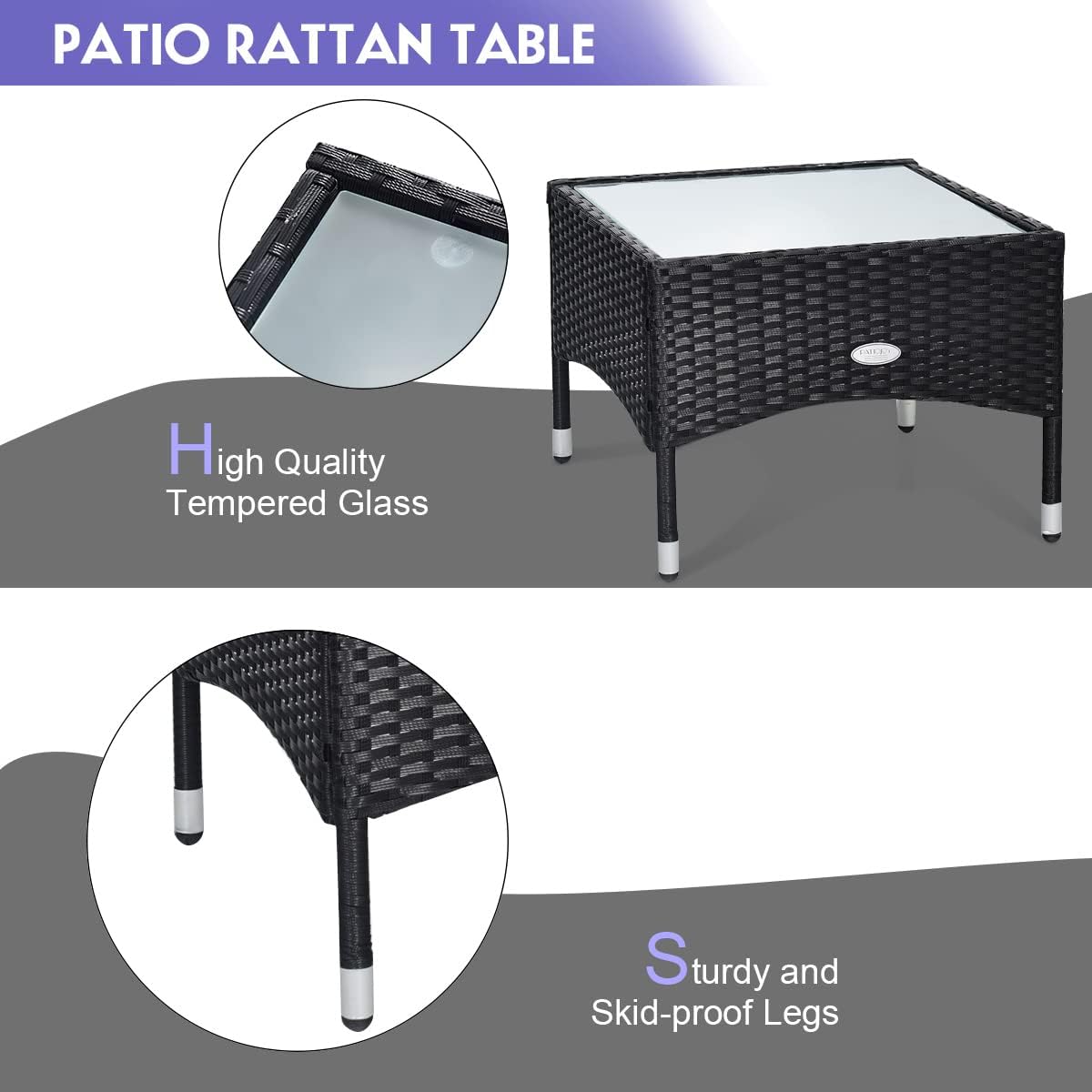 COSTWAY 3 PCS Patio Wicker Conversation Set, PE Rattan Sofa with Tempered Glass Coffee Table, 2 Chairs, 2 Cushions, Outdoor Patio Furniture Set for Yard Porch Bistro Balcony Backyard Pool, Grey