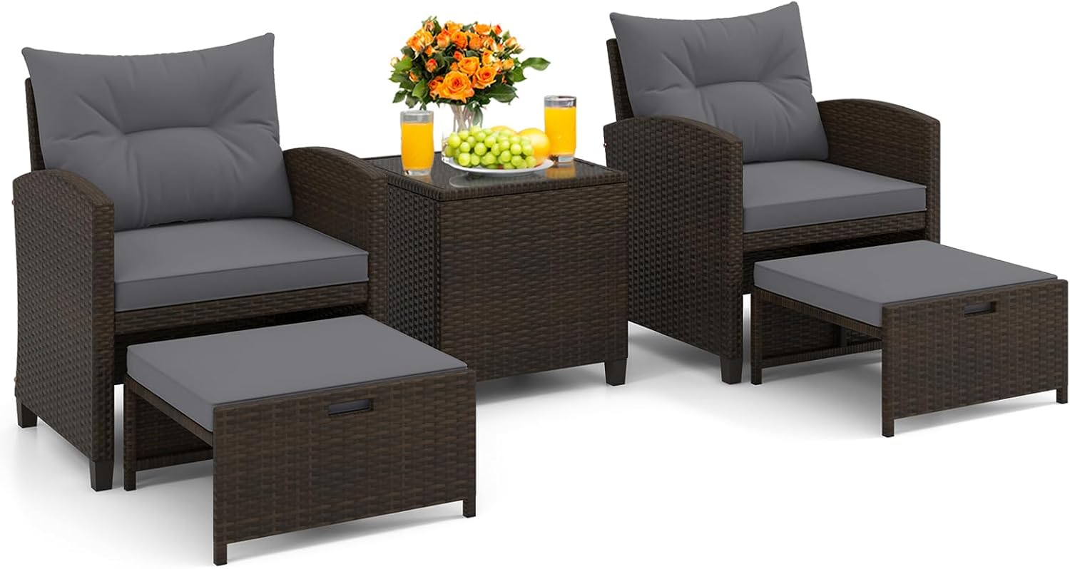 KOTEK 5 Pieces Patio Furniture Set with Ottomans, Wicker Patio Conversation Set with Coffee Table & Cushions, PE Rattan Outdoor Lounge Chairs for Backyard, Porch, Poolside (Mix Brown- Grey)