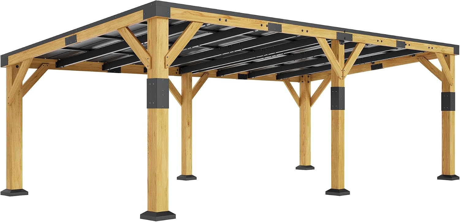 Jocisland 12x24x8.2 FT Cedar Wood Carport for 2 Cars, Heavy Duty Canopy Carport with Sloped Galvanized Steel Roof for All Weather, Permanent Shelter for Full-Sized Pickup Truck, Boat & Tractor