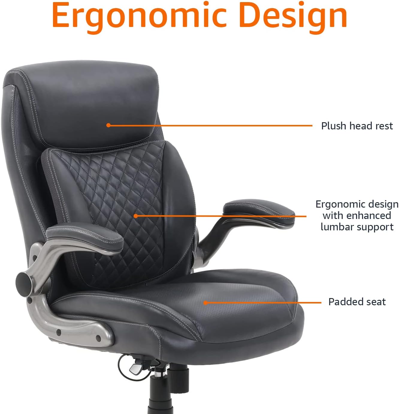 Amazon Basics Ergonomic Executive Office Chair with Adjustable Lumbar Support, Flip-up Arms, Height Adjustable, 360° Rolling Swivel, Computer Desk Chair, Grey Leather