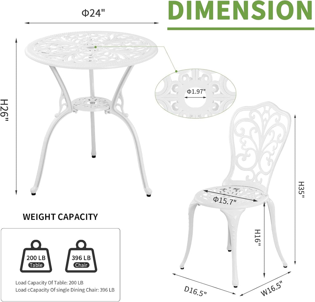 Bistro Set 3 Piece Outdoor Cast Aluminum Patio Bistro Set with Umbrella Hole, All Weather Bistro Table and Chairs Set, Small Patio Furniture Set for Garden, Porch,White