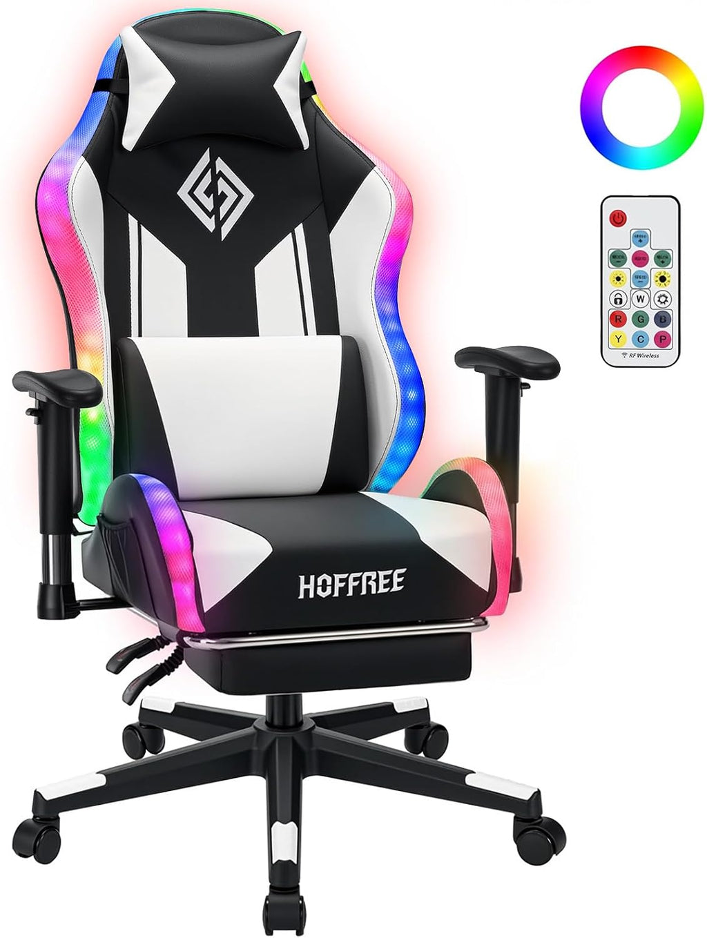 HOFFREE RGB LED Gaming Chair for Kids Reclining Gaming Chairs for Teens 8-15 Computer Chair with RGB Lights Kids PC Game Chair with Footrest and Lumbar Support Video Game Chairs White and Black