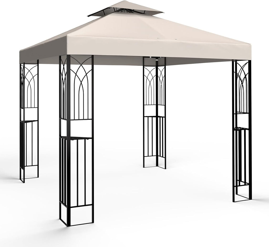 EAGLE PEAK Patio Gazebo 8x8 with Corner Shelves, Double Roof Outdoor Pavilion for Lawn, Deck, Garden and Backyard, Beige