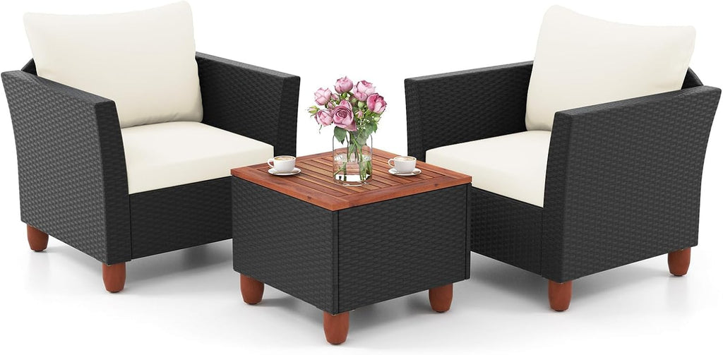 ORALNER 3 Pieces Patio Furniture Set, Outdoor Wicker Conversation Chairs with Cushion, Acacia Coffee Table, Rattan Bistro Set for Balcony Garden Backyard Front Porch Poolside (Off White)
