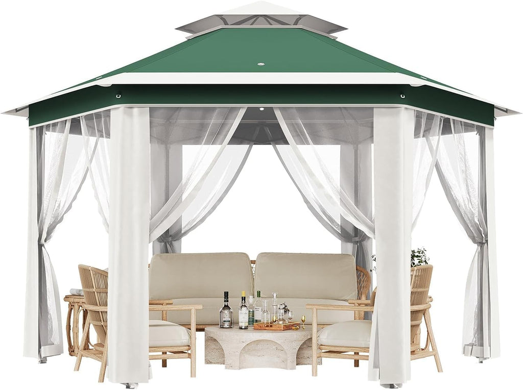 13x13ft Pop Up Gazebo, Outdoor Gazebo with 6 Pieces of Mesh Cloth, Zipper Door & Double Roof, Adjustable Tent Pavilion, UV-Resistant Outdoor Party Tent for Patio, Backyard, Garden (Green with Beige)
