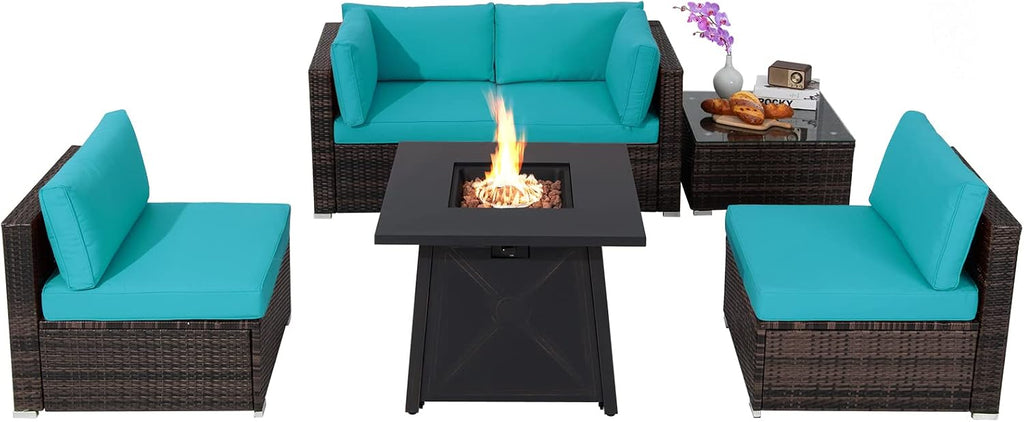 Tangkula 6-Piece Patio Furniture Set with 30' Propane Fire Pit Table, Outdoor PE Wicker Conversation Set with Cushions and Tempered Glass Coffee Table, Gas Fire Pit Table with 50,000 BTU (Turquoise)