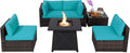 Tangkula 6-Piece Patio Furniture Set with 30' Propane Fire Pit Table, Outdoor PE Wicker Conversation Set with Cushions and Tempered Glass Coffee Table, Gas Fire Pit Table with 50,000 BTU (Turquoise)
