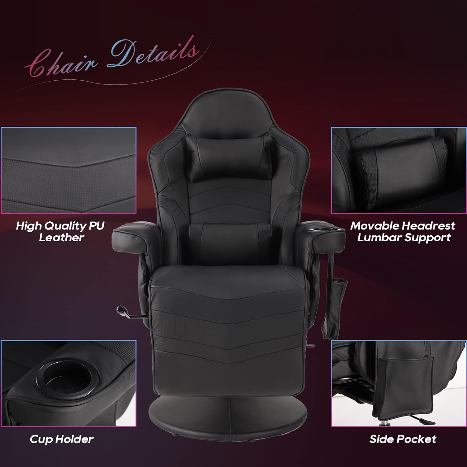 Gaming Chairs for Adults, Reclining Gaming Chair with Footrest, Massage Video Gaming Recliner Chair w/Adjustable Height, Swivel Game Chair with Lumbar Support, Side Pouch