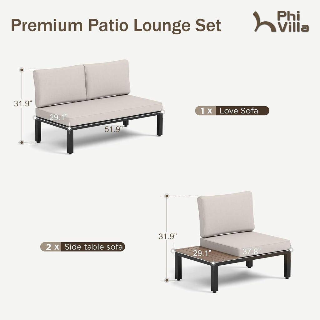 PHI VILLA 3 Pieces Outdoor Patio Furniture Set,Metal Frame Modern Outdoor Sectional Sofa Set,4 Seats Patio Conversation Sets with Coffee Table,for Poolside and Backyard,Light Grey