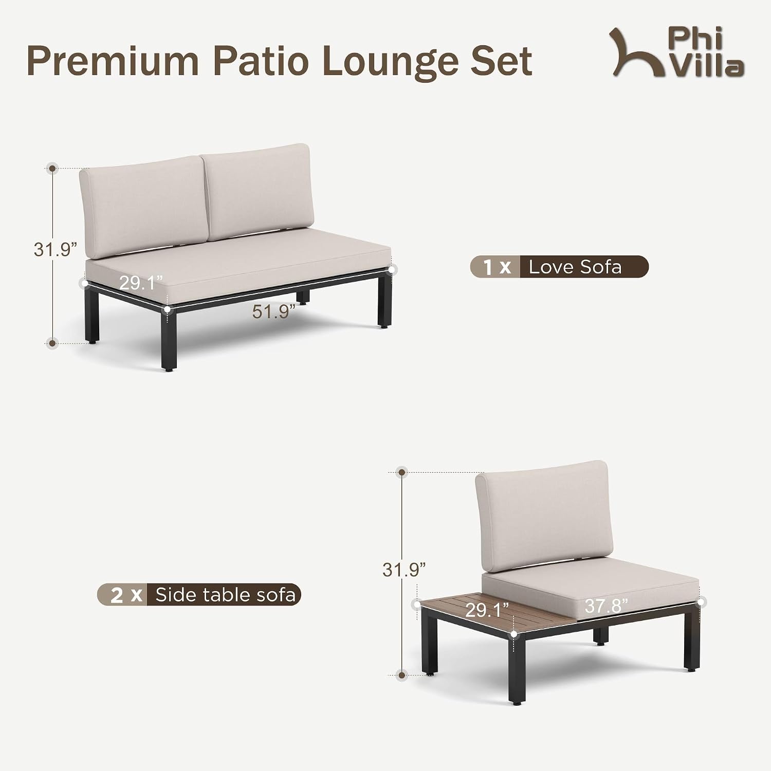 PHI VILLA 3 Pieces Outdoor Patio Furniture Set,Metal Frame Modern Outdoor Sectional Sofa Set,4 Seats Patio Conversation Sets with Coffee Table,for Poolside and Backyard,Light Grey