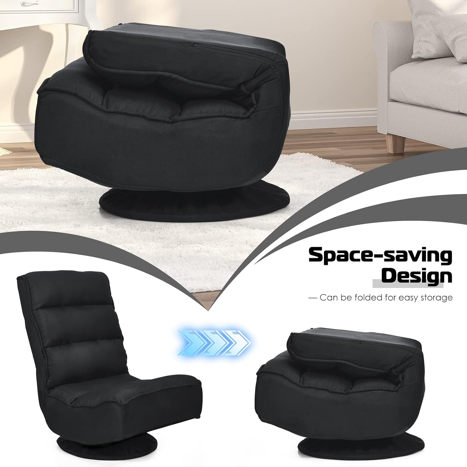 COSTWAY Folding Floor Chair, Adjustable 5-Position Video Gaming Chair with 360 Degree Swivel, Detachable Cover, Padded Backrest, Multipurpose Living Room Floor Lounger for TV, Reading, Playing (Black)