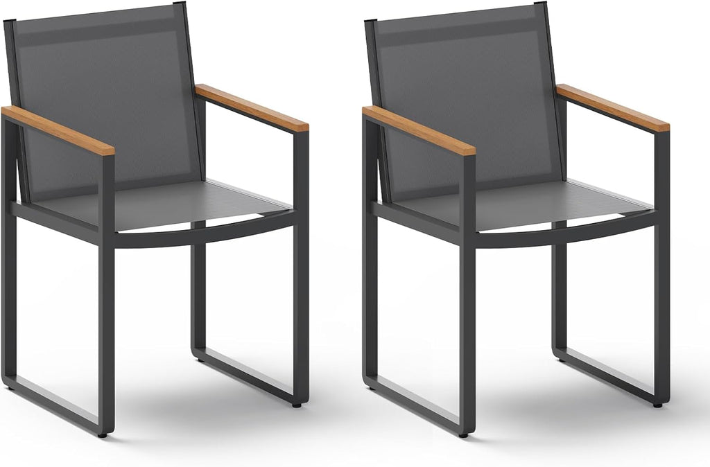 Outdoor Dining Chairs Set of 2, Aluminum Patio Dining Chiars with Textilene Mesh, 2 Piece Outdoor Chiars for Garden, Backyard, Deck (Gray-Teak)