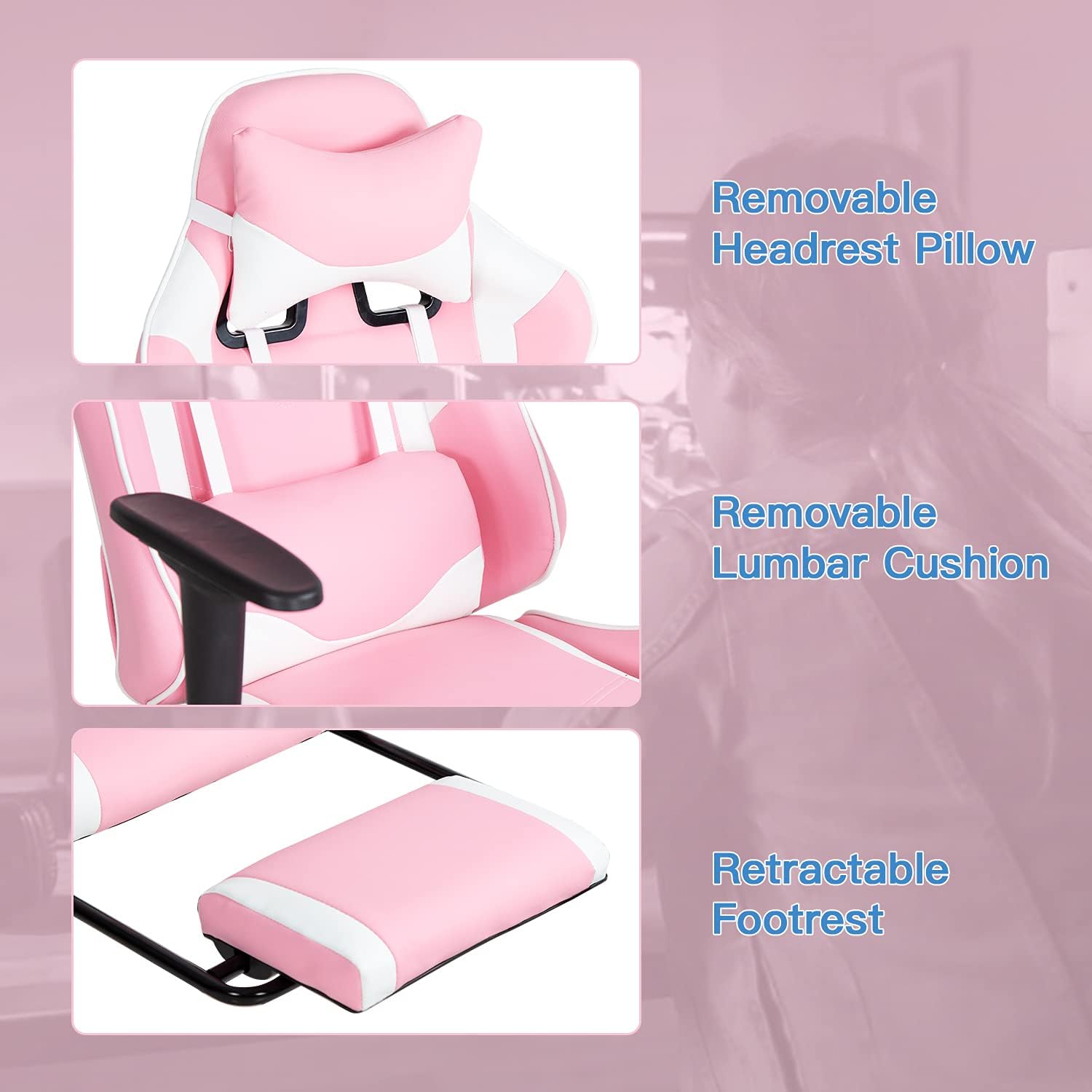BestOffice Women's Pink Faux Leather PC Gaming Chair with Lumbar Support, Swivel and Adjustable Armrests