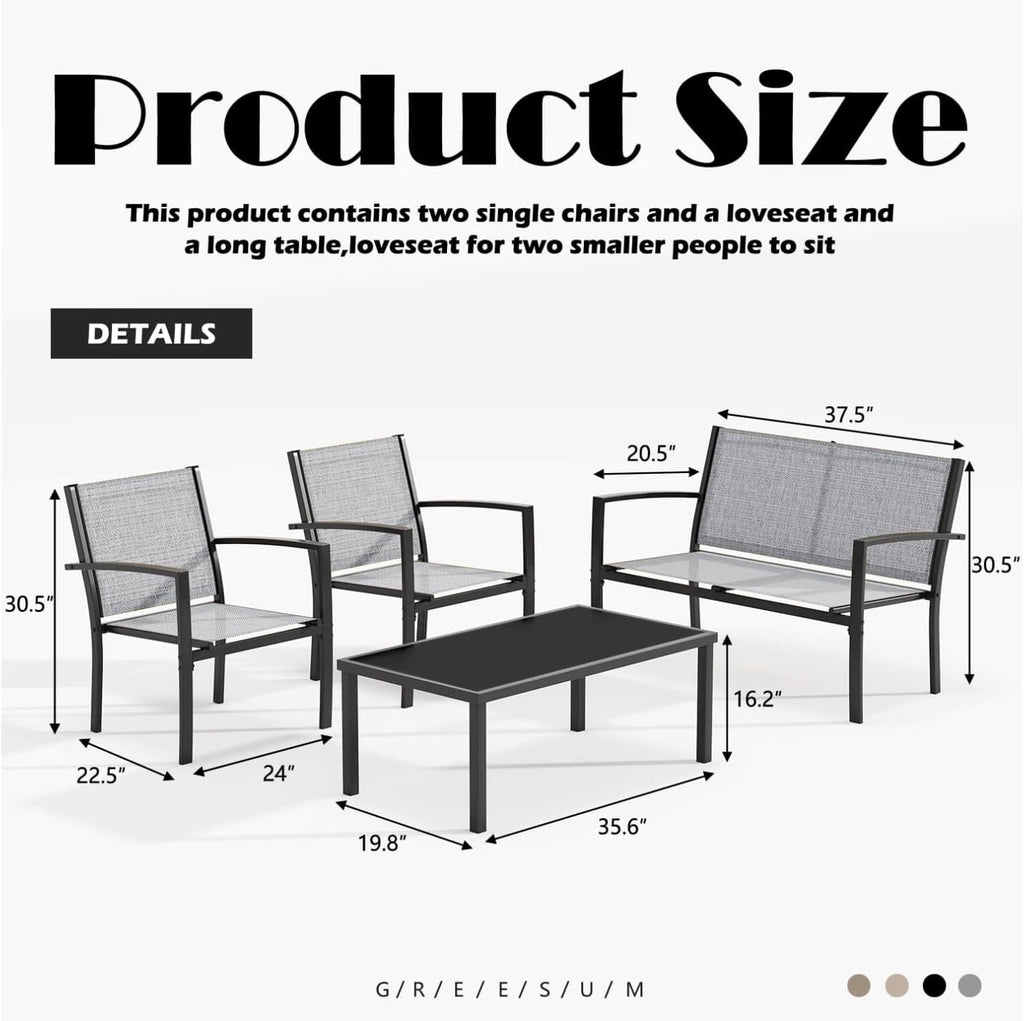Greesum 4 Pieces Patio Furniture Set, Outdoor Conversation Sets for Patio, Lawn, Garden, Poolside with A Glass Coffee Table, Gray