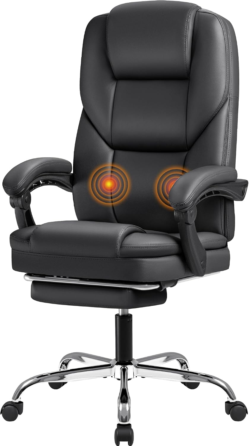 Furmax Massage Office Chair with Foot Rest Executive Big and Tall Office Chair Ergonomic Home Office Desk Chairs, Reclining High Back Leather Chair with Lumbar Support, 400LBS (Black)