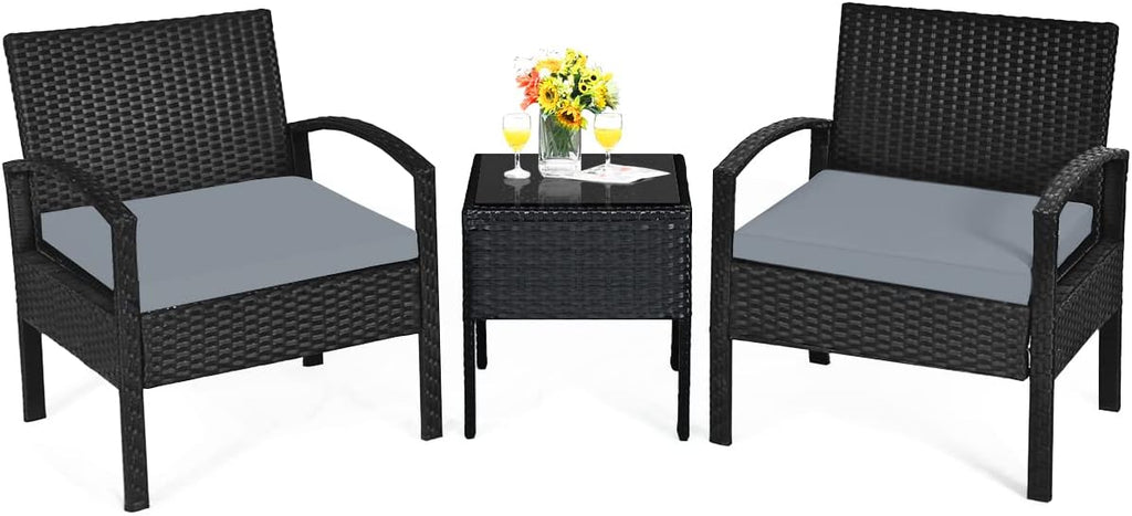 Tangkula 3 Piece Patio Conversation Set, Outdoor Rattan Sofa Set with Seat Cushions & Coffee Table, Patio Wicker Furniture Set for Garden Balcony Backyard Poolside (Grey)