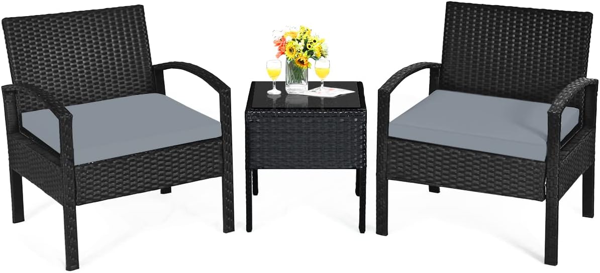 Tangkula 3 Piece Patio Conversation Set, Outdoor Rattan Sofa Set with Seat Cushions & Coffee Table, Patio Wicker Furniture Set for Garden Balcony Backyard Poolside (Grey)