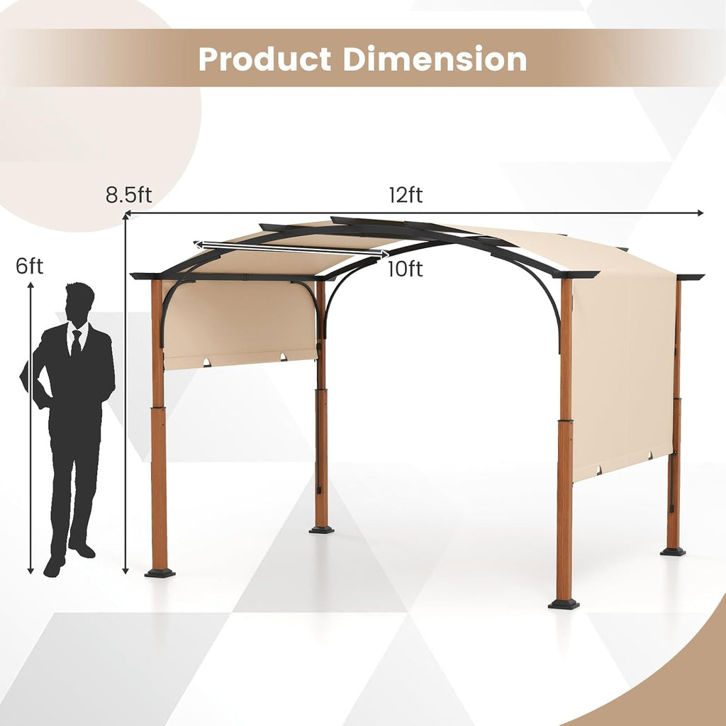 Tangkula Arched Patio Shelter Pavilion with Retractable Sun Shade Canopy, Extra Large Outdoor Pergola for Deck, Porch, Garden, Yard (Beige)
