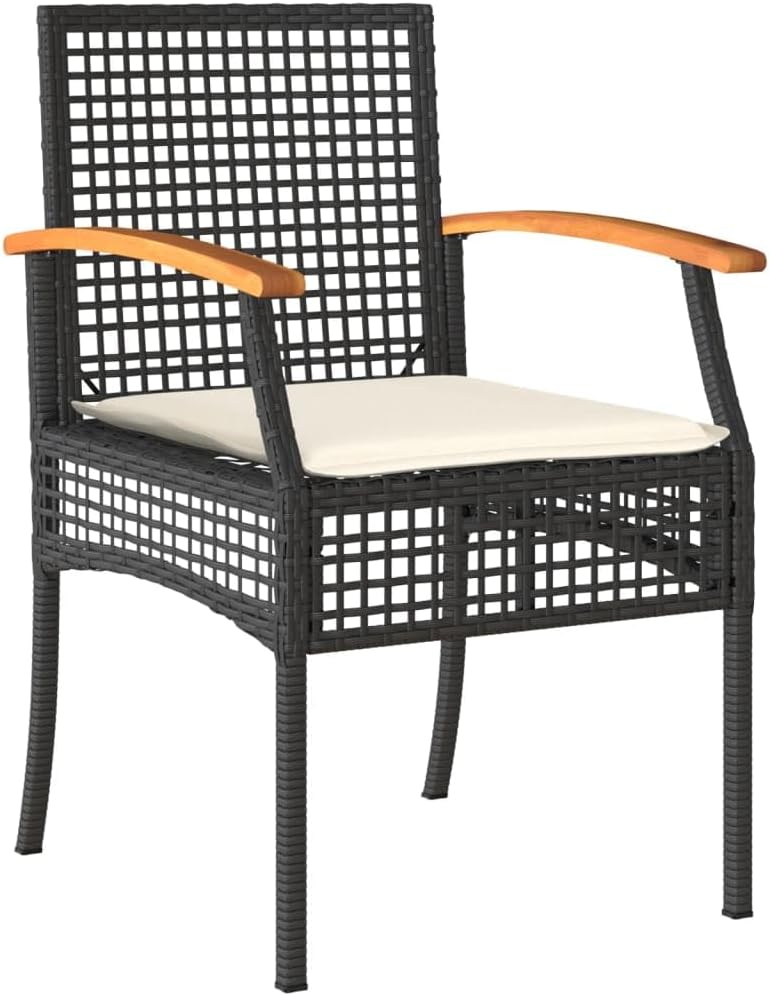 vidaXL Patio Chairs/Cushions Set - 4 Pcs Black Poly Rattan & Acacia Wood for Outdoor/Garden - Durable, Easy-to-Clean, Weather-, Removable Cushion Covers, Sturdy Steel Frame, Assembly Required, 21