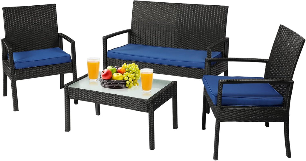 PAOLFOX4 Piece Outdoor Patio Furniture Set, Rattan Patio Conversation Set with Table,Modern Wicker Chairs and Table Sets,Outdoor Furniture for Porch, Garden, Lawn, Blue