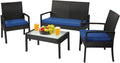 PAOLFOX4 Piece Outdoor Patio Furniture Set, Rattan Patio Conversation Set with Table,Modern Wicker Chairs and Table Sets,Outdoor Furniture for Porch, Garden, Lawn, Blue