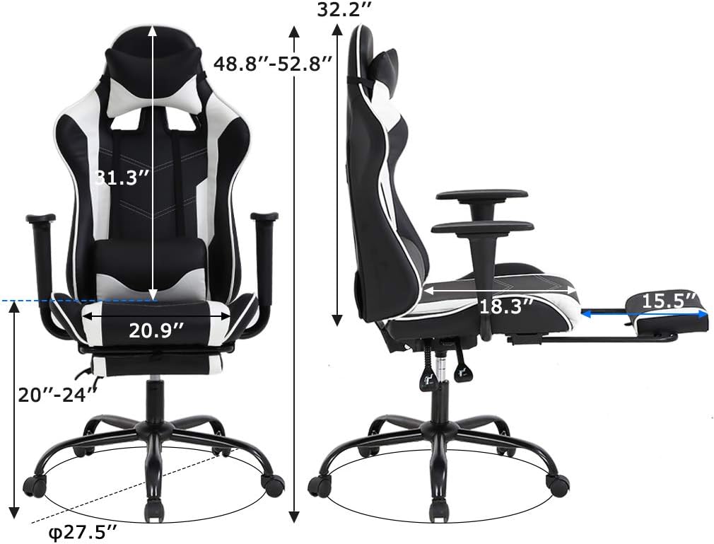 BestOffice PC Gaming Chair Racing Office Chair Ergonomic Desk Chair Massage PU Leather Recliner Computer Chair with Lumbar Support Headrest Armrest Footrest Rolling Swivel Task Chair for Adults, White