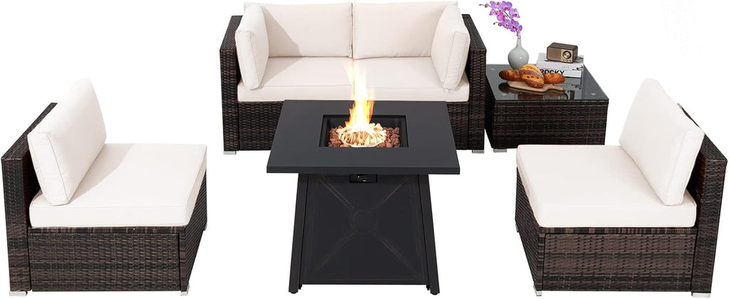 Tangkula 6-Piece Patio Furniture Set with 30' Propane Fire Pit Table, Outdoor PE Wicker Conversation Set with Cushions and Tempered Glass Coffee Table, Gas Fire Pit Table with 50,000 BTU (Off White)