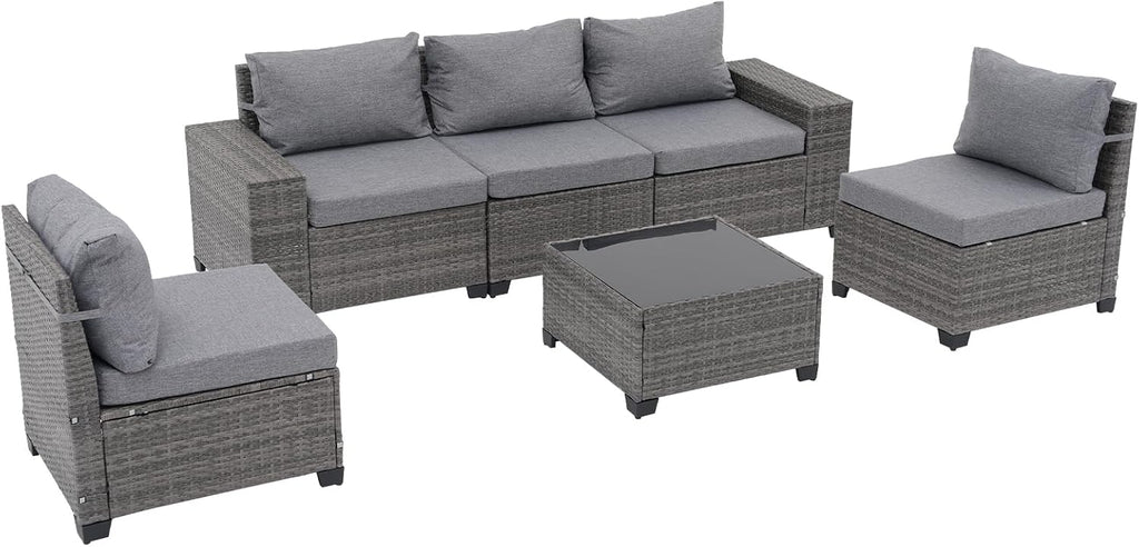 JOIVI 6 Pieces Outdoor Patio Furniture Set, Rattan Patio Conversation Set with Coffee Table, L-Shaped Wicker Outdoor Sectional Sofa Set with Wide Armrest and Cushions for Garden, Deck, Porch, Gray