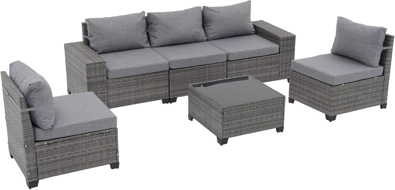 JOIVI 6 Pieces Outdoor Patio Furniture Set, Rattan Patio Conversation Set with Coffee Table, L-Shaped Wicker Outdoor Sectional Sofa Set with Wide Armrest and Cushions for Garden, Deck, Porch, Gray