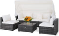 Tangkula 6-Piece Patio Furniture Set w/Retractable Canopy, Outdoor Conversation Set w/3-Seat Daybed Sofa, Soft Cushions and Tempered Glass Coffee Table, All-Weather PE Rattan Sectional Sofa Set