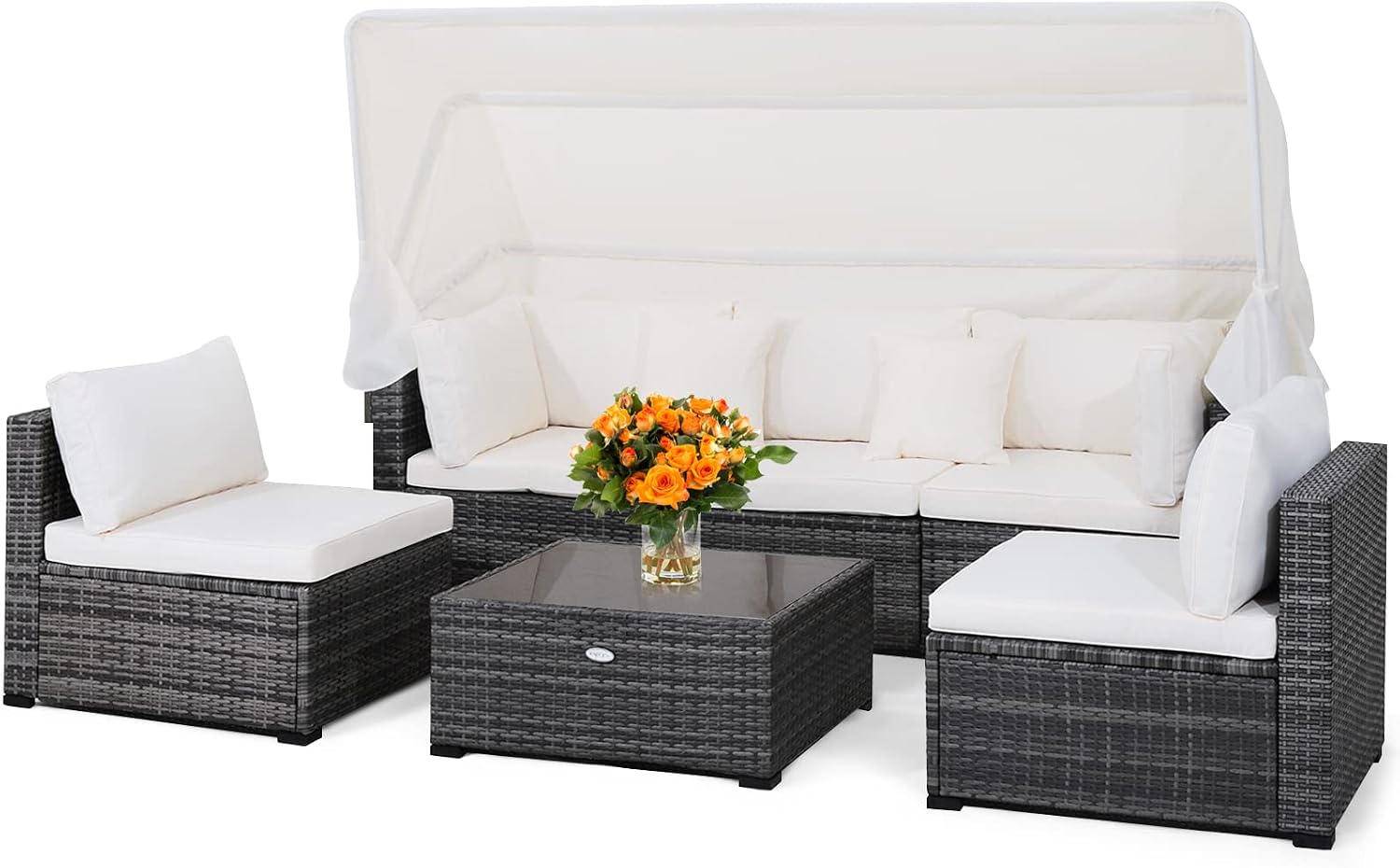 Tangkula 6-Piece Patio Furniture Set w/Retractable Canopy, Outdoor Conversation Set w/3-Seat Daybed Sofa, Soft Cushions and Tempered Glass Coffee Table, All-Weather PE Rattan Sectional Sofa Set