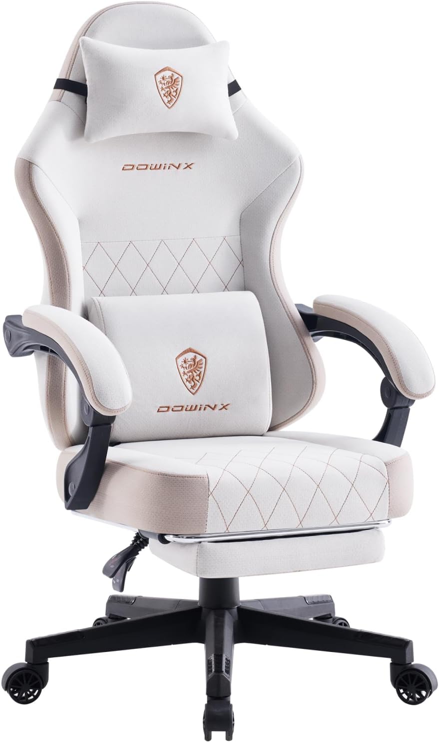Dowinx Gaming Chair, Fabric Gaming Chairs for Adults with Pocket Spring Cushions and Lumbar Support, Ergonomic Massage Computer Chair with Footrest for Big and Tall, Beige